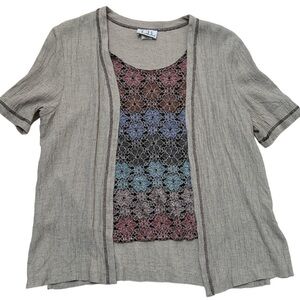 CBCollections Vintage Layered Floral Print Top Attached SS Open Cardigan Y2K 90